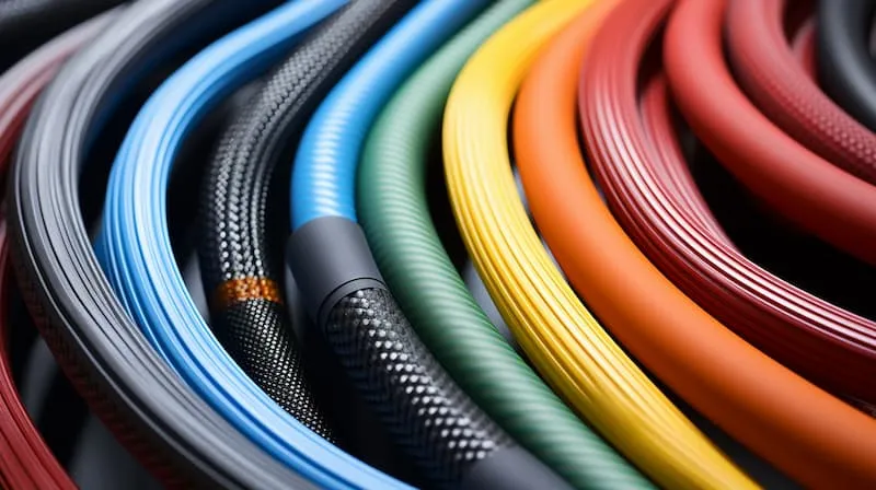 Assorted colourful flexible hydraulic hose assemblies coiled together